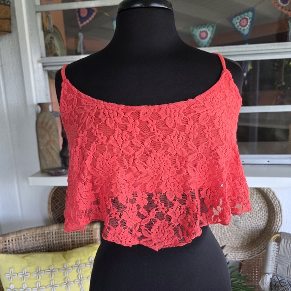 Vintage Y2K Material Girl Large Coral Orange Lace Crop Camisole Kesha Vibes - Picture 4 of 11